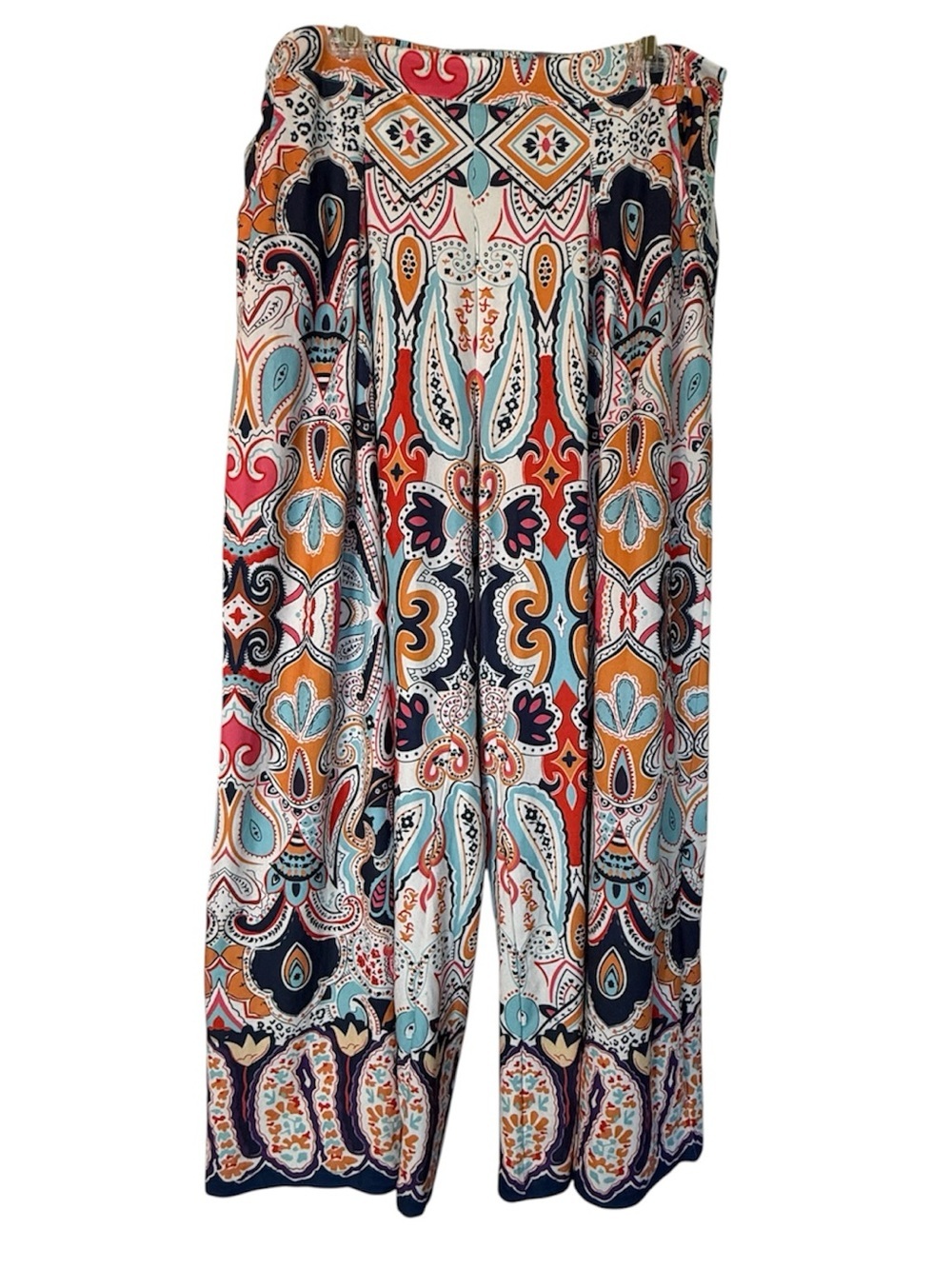 Wide Leg Patterned Pants - Orange/Blue Multi